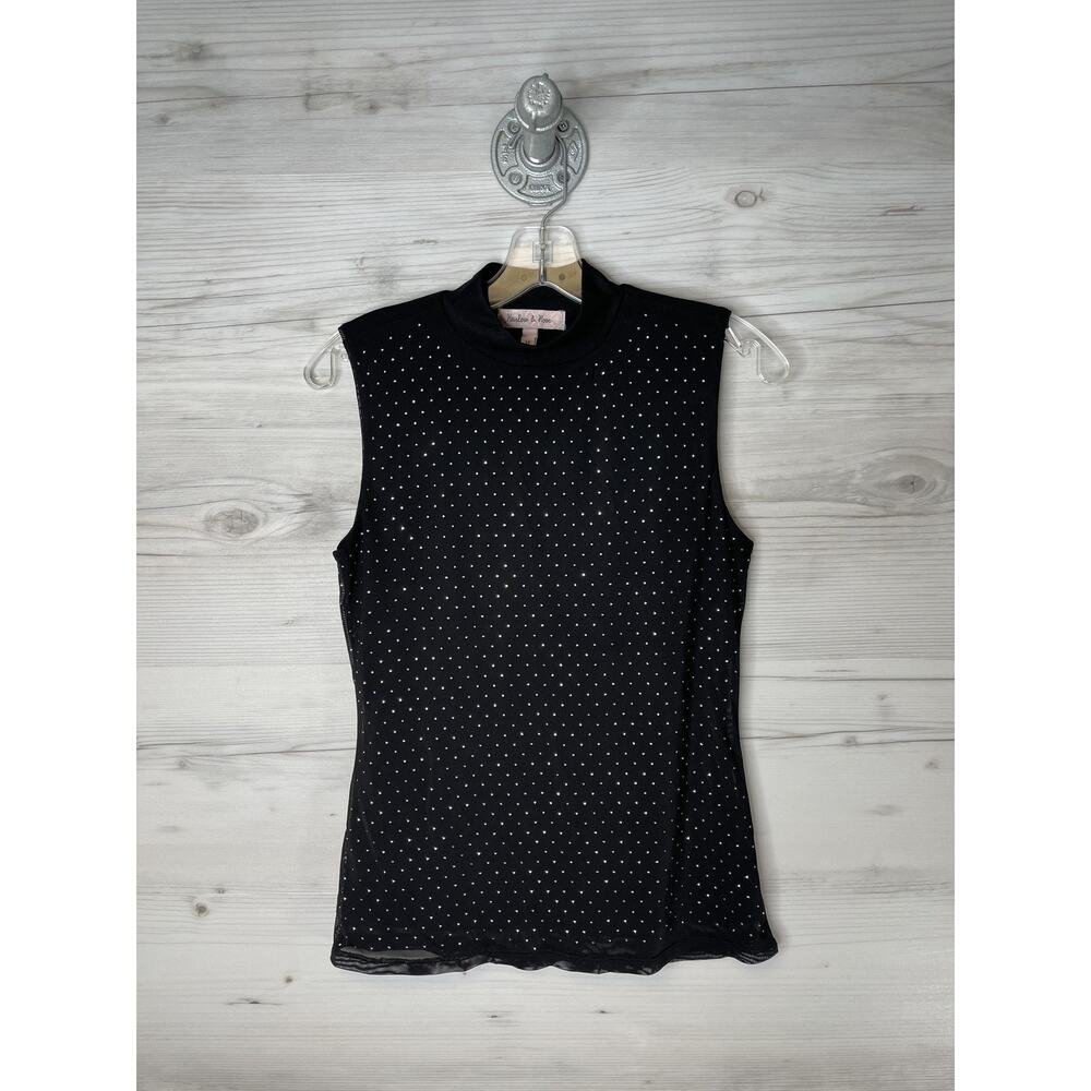 Harlow & Rose Shirt Womens Medium Black‎ Mock Neck Rhinestone Sleeveless Top